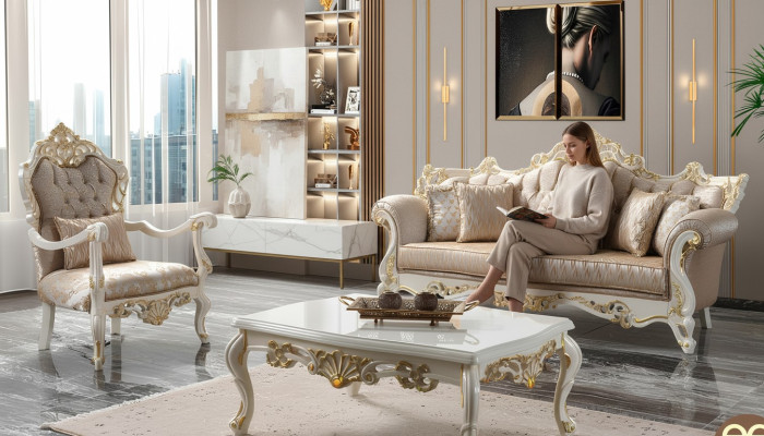 Luxe bankstel set Gestoffeerde bank Chesterfield stoffen bank Beige