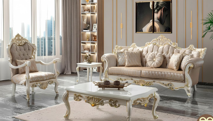 Luxe bankstel set Gestoffeerde bank Chesterfield stoffen bank Beige