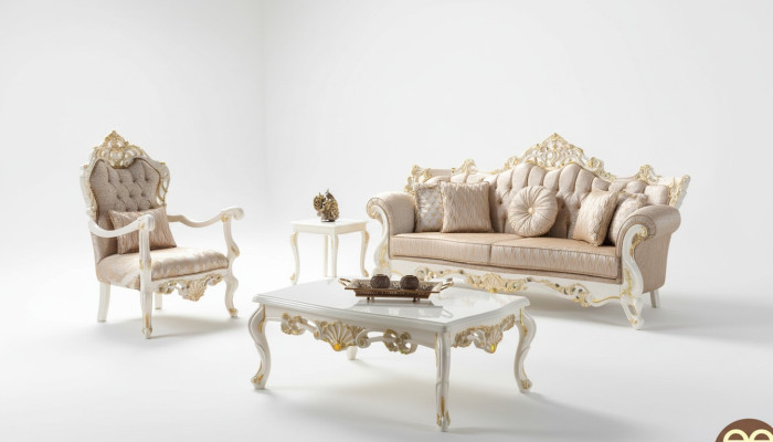 Luxe bankstel set Gestoffeerde bank Chesterfield stoffen bank Beige