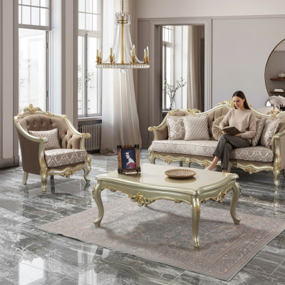 Bankstel Drieseater Fauteuil Bankstel Beige Gestoffeerd Bankstel