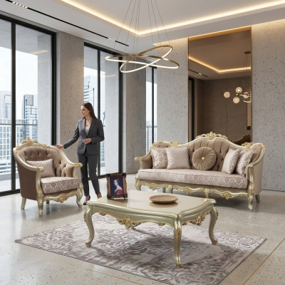 Stoffen bank gestoffeerde bank set bankstel beige Chesterfield set