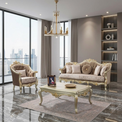 Stoffen bank gestoffeerde bank set bankstel beige Chesterfield set