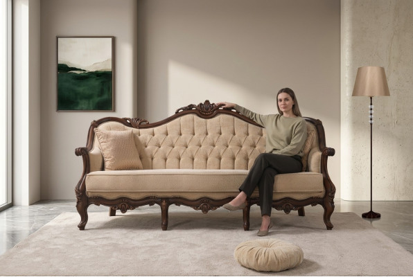 Driepersoons bank 3-zits stoffen bank Beige stoffen Chesterfield bank van 235 cm