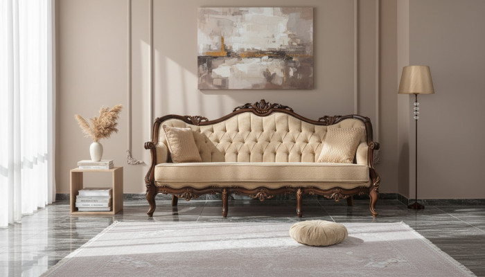 Driepersoons bank 3-zits stoffen bank Beige stoffen Chesterfield bank van 235 cm