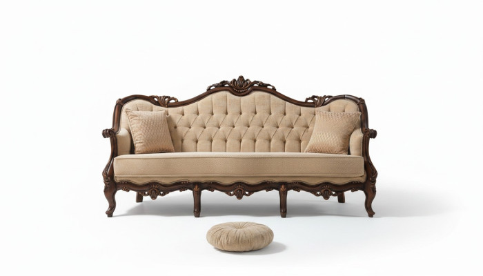 Driepersoons bank 3-zits stoffen bank Beige stoffen Chesterfield bank van 235 cm