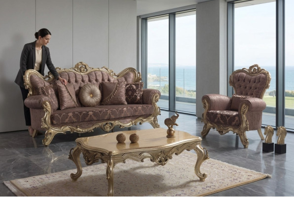 Sofagarnitur Beklede bank Bank Paarse stoffenbank Chesterfield Set 3+1