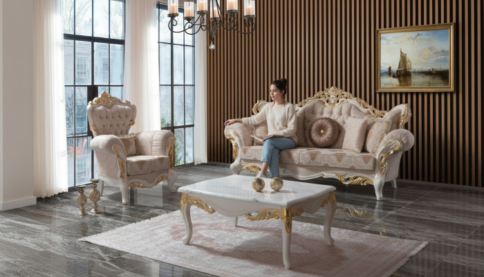 Luxe bankstel Compleet bankstel Beige gestoffeerde bank Stoffen bank