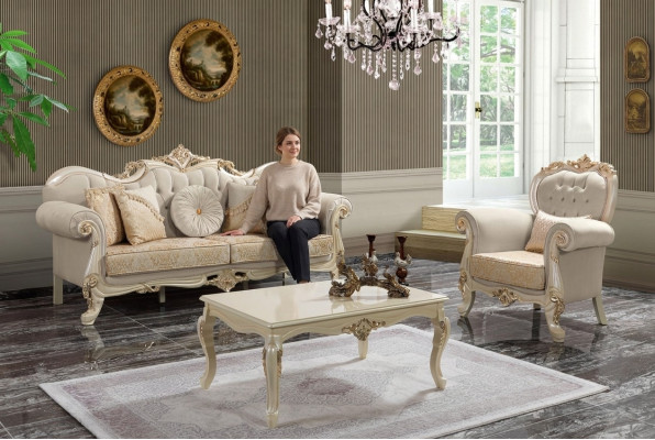 Luxe bankstel Volledige bankstel Beige gestoffeerde bank Stoffen bank
