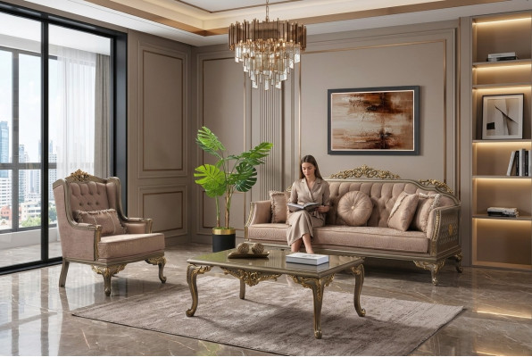 Luxe complete bankstel bankstel stoffen bankstel beige gestoffeerde bank.