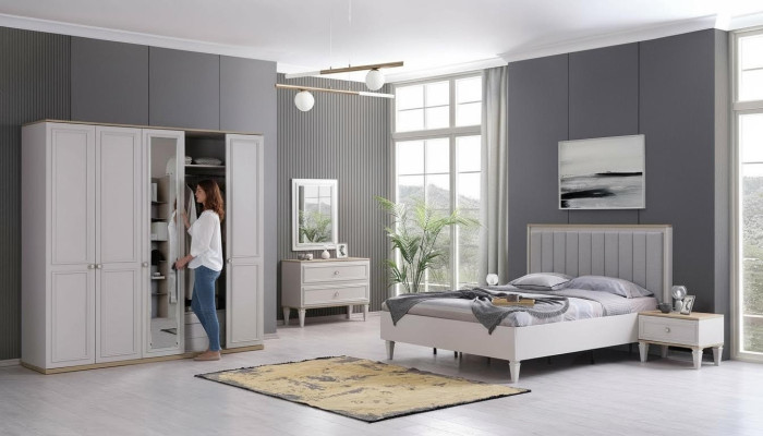 Volledige slaapkamermeubels Moderne bedden Hout 6-delige slaapkamer Grijs