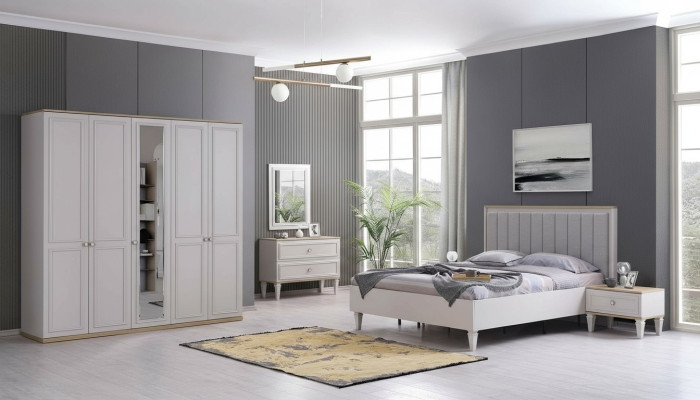 Volledige slaapkamermeubels Moderne bedden Hout 6-delige slaapkamer Grijs