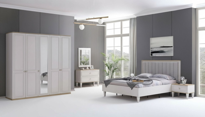 Volledige slaapkamermeubels Moderne bedden Hout 6-delige slaapkamer Grijs