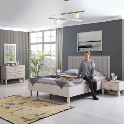 Moderne slaapkamer set tweepersoonsbed bed nachtkastjes grijs hout set 5-delig