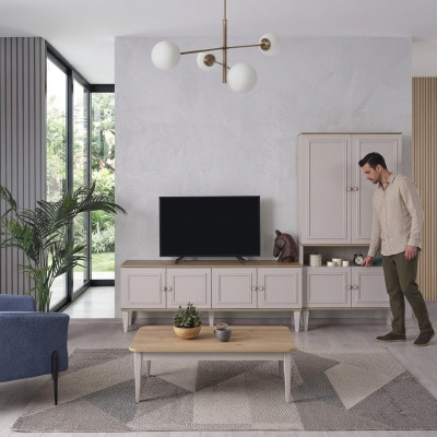 Set van tv-standaard kast RTV laagbord woonkamer planken Grijs Hout