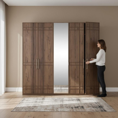 Kast Kledingkast Slaapkamerkast Bruin Hout Spiegel 5 Deuren