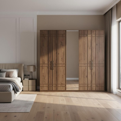 Kast Kledingkast Slaapkamerkast Bruin Hout Spiegel 5 Deuren