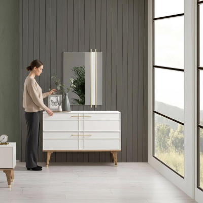 Commode met spiegel slaapkamer console hout wit set 2-delig modern
