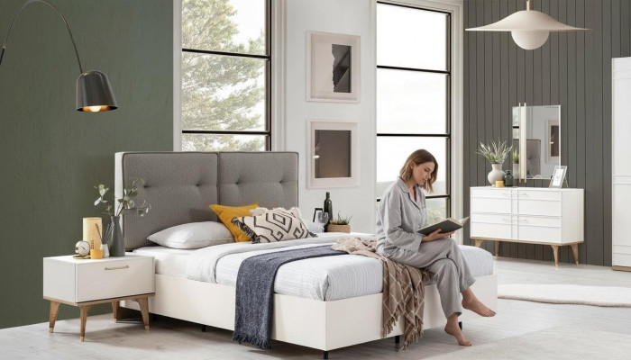 Slaapkamer set Tweepersoonsbed Compleet Bed Wit Stof 3-delige Modern