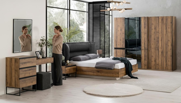 Luxe slaapkamer set tweepersoonsbed hout set 7-delig bruin modern