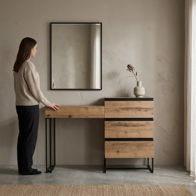 Toilettafel Kaptafel Console-tafel Ladekast Spiegel Set 2-delige Bruin