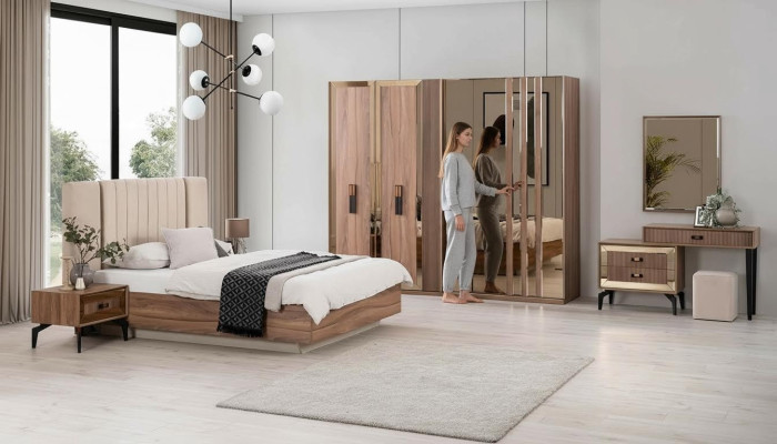 Luxe tweepersoons slaapkamer set bed hout 7-delig bruin modern
