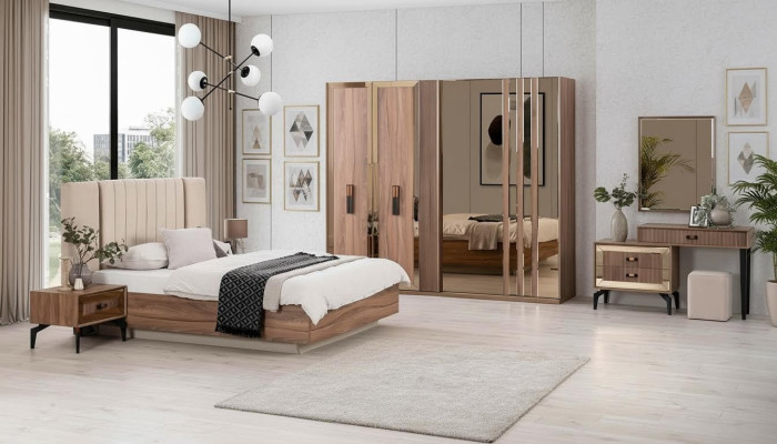 Luxe tweepersoons slaapkamer set bed hout 7-delig bruin modern