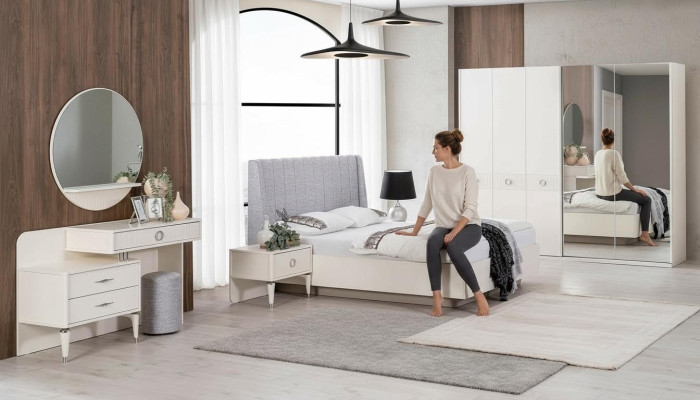 Set met tweepersoonsbed, bedframe van stof, slaapkamer, wit hout, 7-delige set