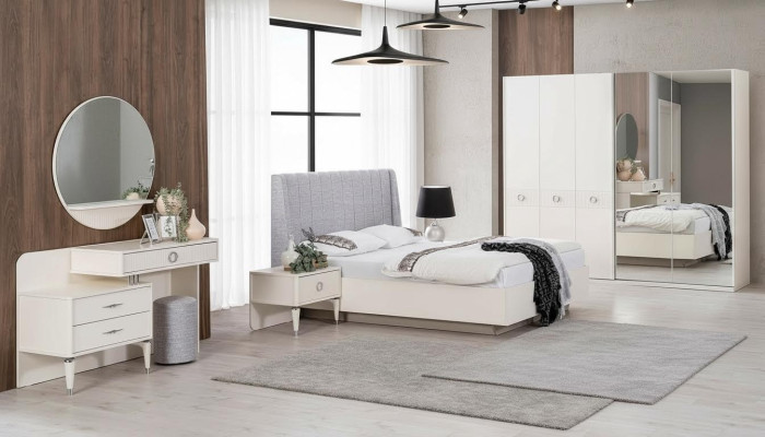 Set met tweepersoonsbed, bedframe van stof, slaapkamer, wit hout, 7-delige set