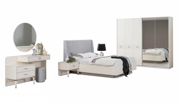 Set met tweepersoonsbed, bedframe van stof, slaapkamer, wit hout, 7-delige set