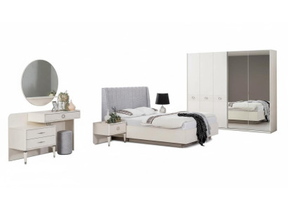 Set met tweepersoonsbed, bedframe van stof, slaapkamer, wit hout, 7-delige set