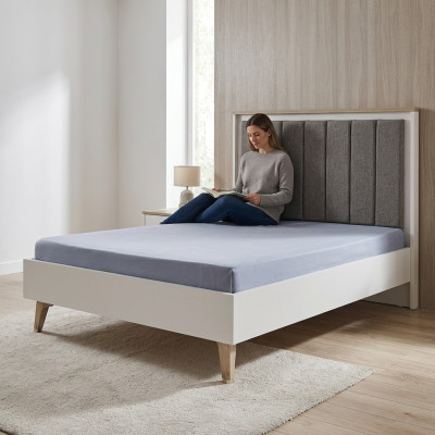 Bedframe kinderkamer kinderbed 100 cm eenpersoonsbed hout grijs stof