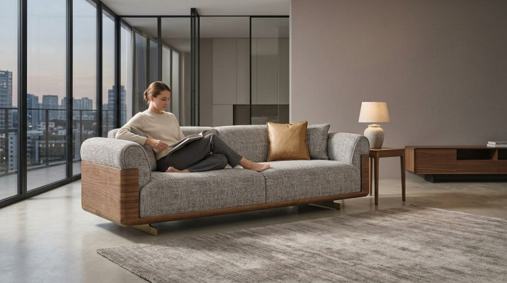 Driepersoons bank 3-zits gestoffeerde bank Grijs stof Polyester Bank Modern