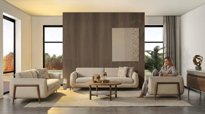 Luxe bankstel, gestoffeerde bank, beige, complete driezits bank, fauteuil, 3-delige bankstellen.