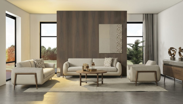 Luxe bankstel, gestoffeerde bank, beige, complete driezits bank, fauteuil, 3-delige bankstellen.