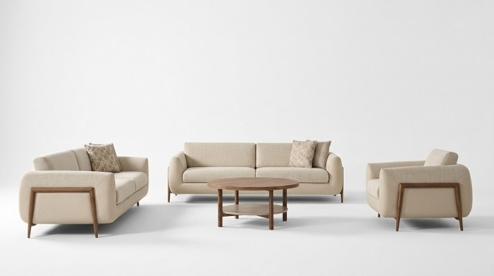 Luxe bankstel, gestoffeerde bank, beige, complete driezits bank, fauteuil, 3-delige bankstellen.