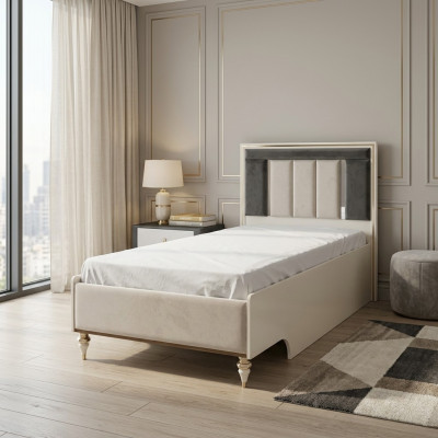 Luxe kinderbed bedframe bed kinderkamer bedframes beige stof.