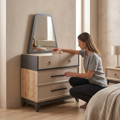 Groep commode set met spiegel hout kinderkamer beige console