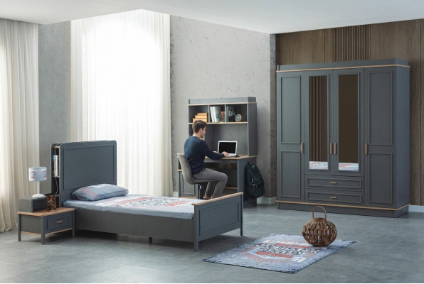 Garnituur kinderkamer bed kinderbed kindermeubelen grijs hout set 4-delig