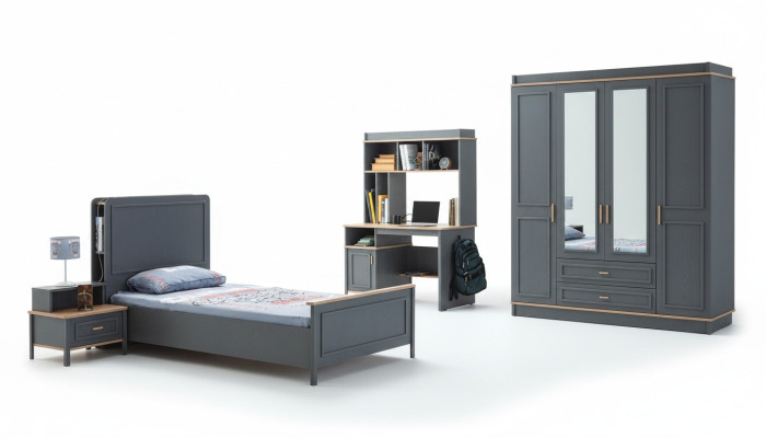 Garnituur kinderkamer bed kinderbed kindermeubelen grijs hout set 4-delig