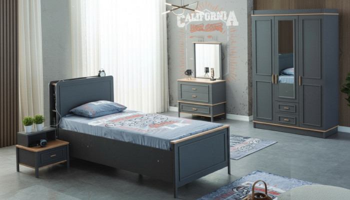 Kindermeubelset kinderkamerbed kinderbed grijs houten set 5-delig
