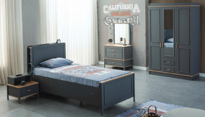 Kinderbed Kinderkamer Kindermeubelset Bed Grijs Hout Set 5-delig