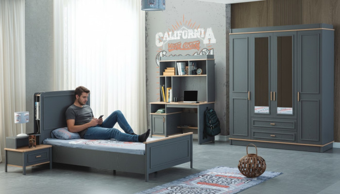 Kinderkamer meubels Kinderbed Bed Grijs Hout Set 4-delig