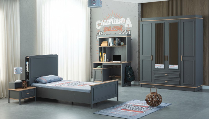 Kinderkamer meubels Kinderbed Bed Grijs Hout Set 4-delig