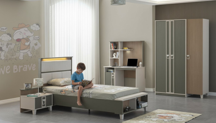 Set kinderkamer bed kinderbed kindermeubels grijs hout 4-delig