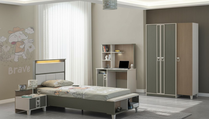 Set kinderkamer bed kinderbed kindermeubels grijs hout 4-delig