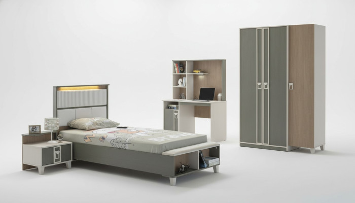 Set kinderkamer bed kinderbed kindermeubels grijs hout 4-delig