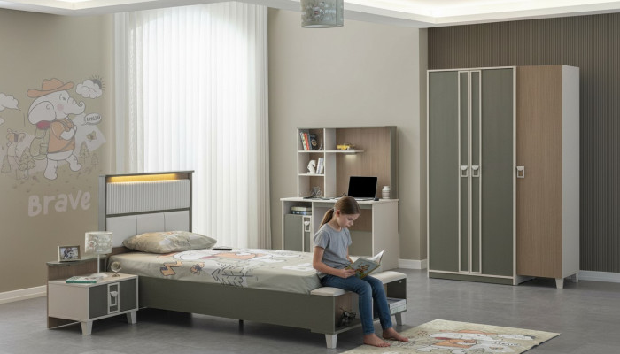 Kindermeubelset kinderkamer Bed kinderbed grijs hout set 4-delig.