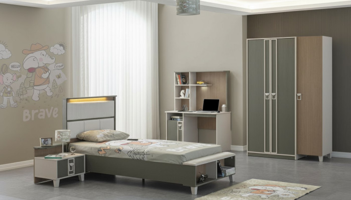 Kindermeubelset kinderkamer Bed kinderbed grijs hout set 4-delig.