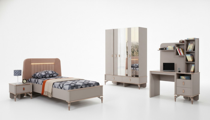 Kindermeubels Meisjes Kinderkamer Bed Kinderbed Beige Hout Set 4-delig