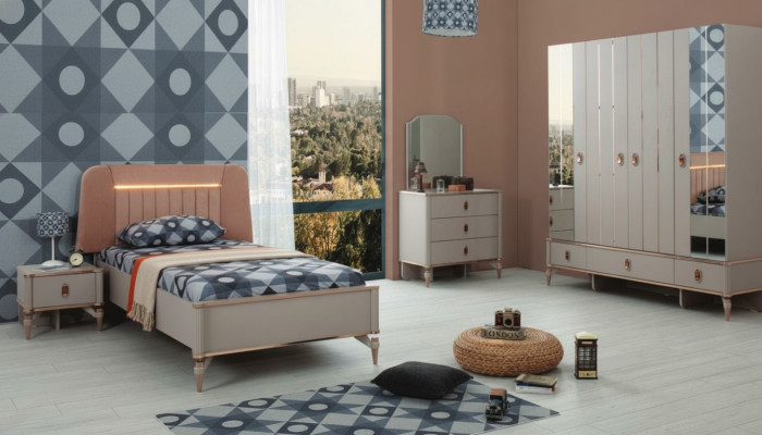 Compleet kinderbed kindermeubilair beige hout set 5-delig modern.